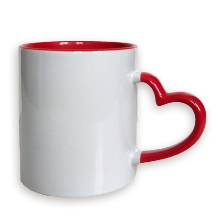 KUBEK CZERWONY Z UCHEM W KSZTAŁCIE SERCA z max. 3 zdjęciami, napisem